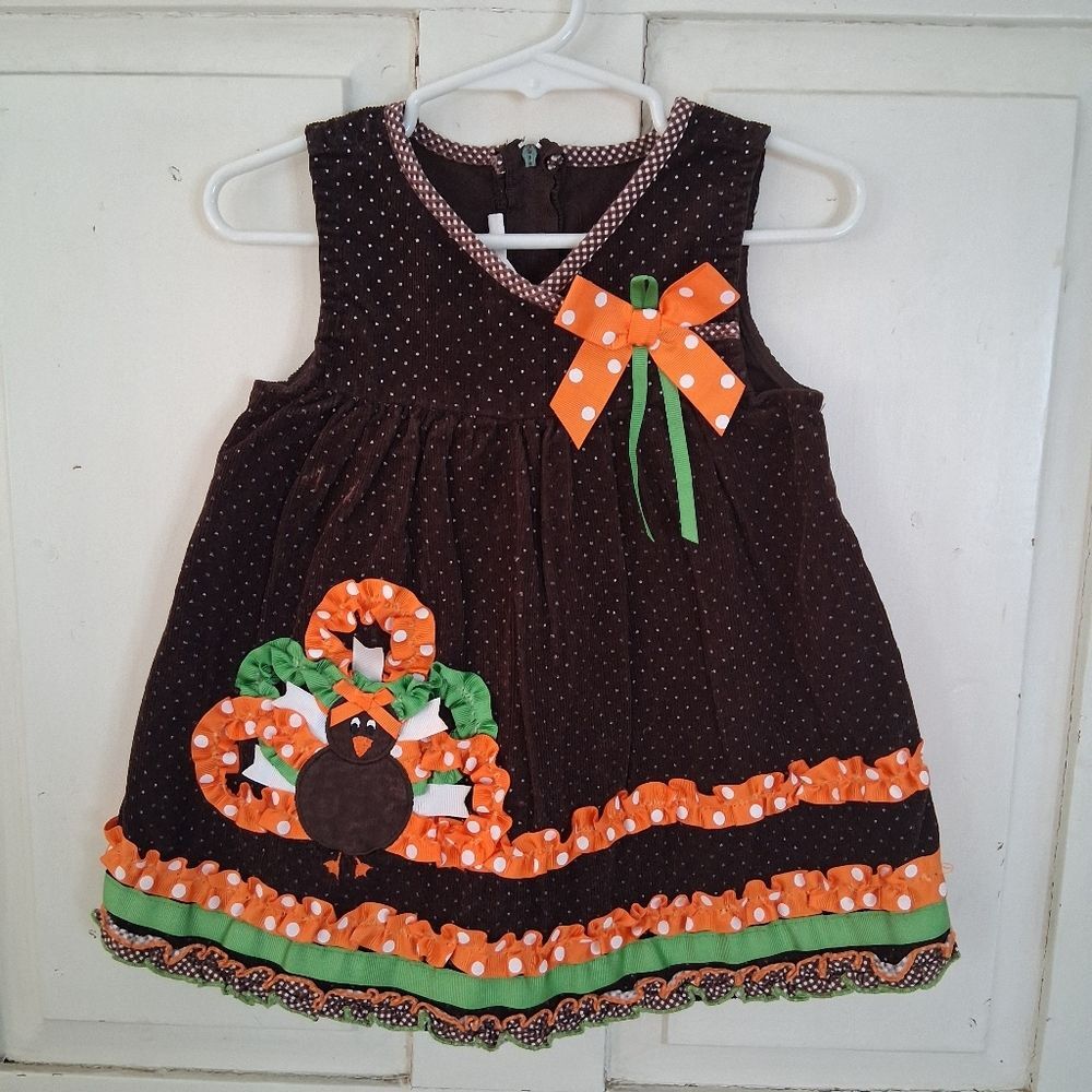Bonnie Baby Corduroy Polka Dot Thanksgiving Jumper Dress w/Ribbon Embellishments
